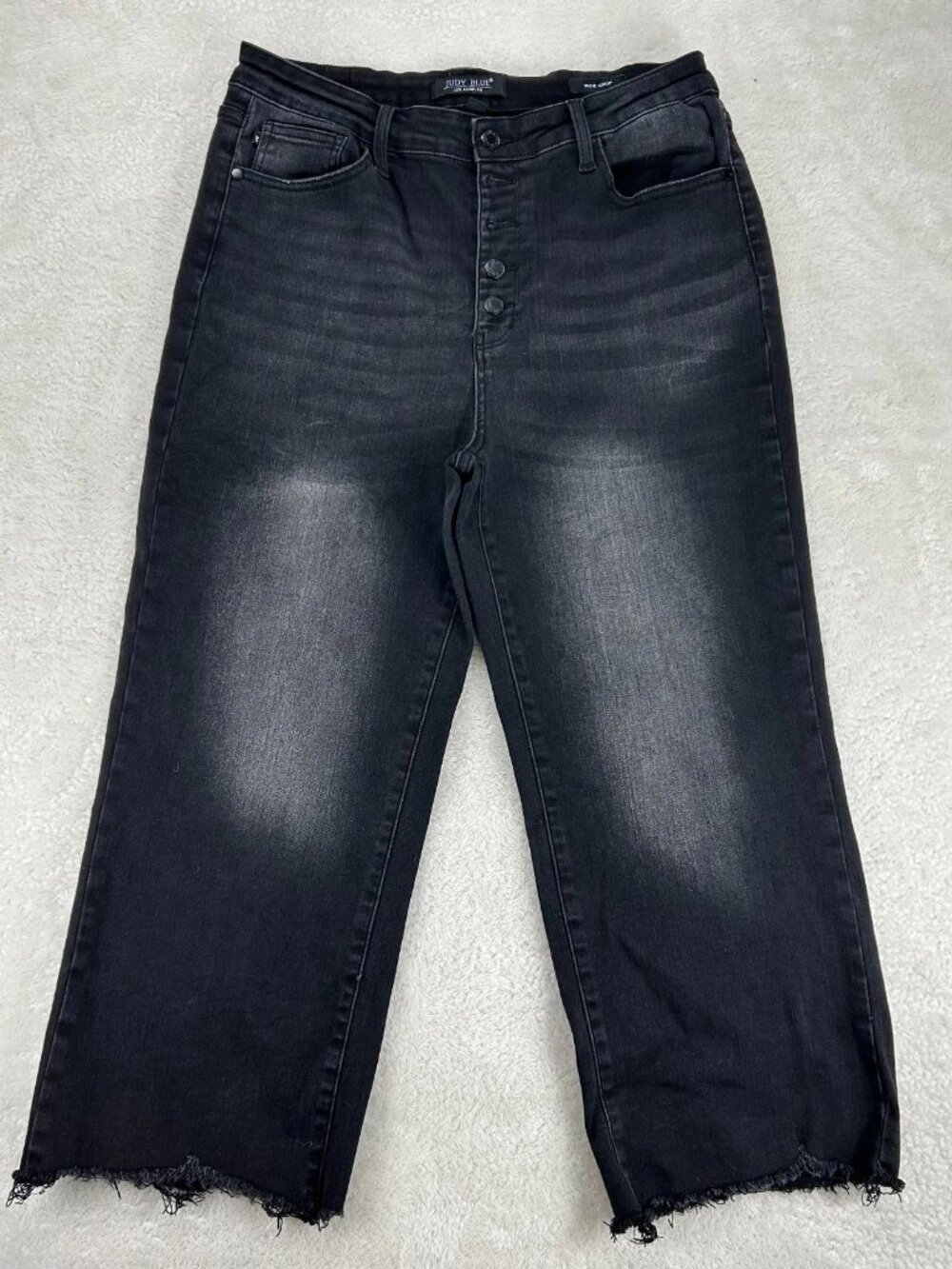 Judy Blue Wide Crop Jeans Womens 15x32 Black Denim Stretch Button Fly Raw Hem‎